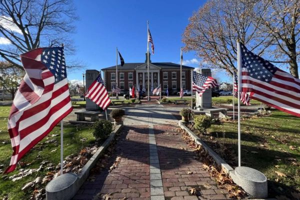 Pathway with American flags in Braintree cleaned by professionals.