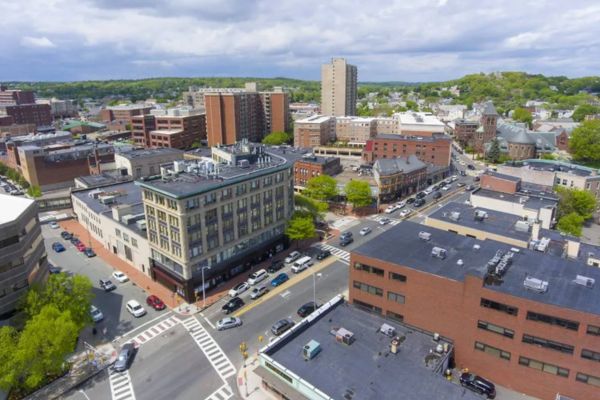 Malden cityscape with buildings served by reliable cleaning services.