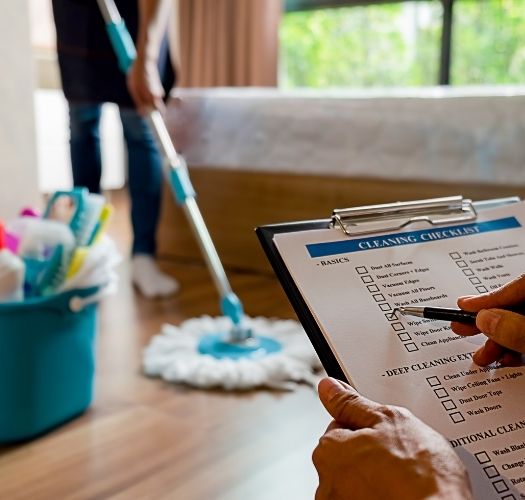 Professional filling out a cleaning checklist with eco-friendly supplies for reliable service in Boston.