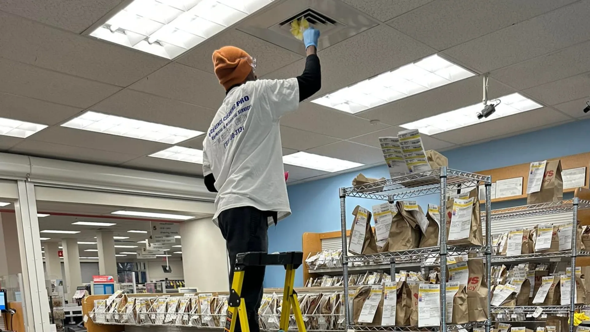Staff performing routine cleaning in commercial property